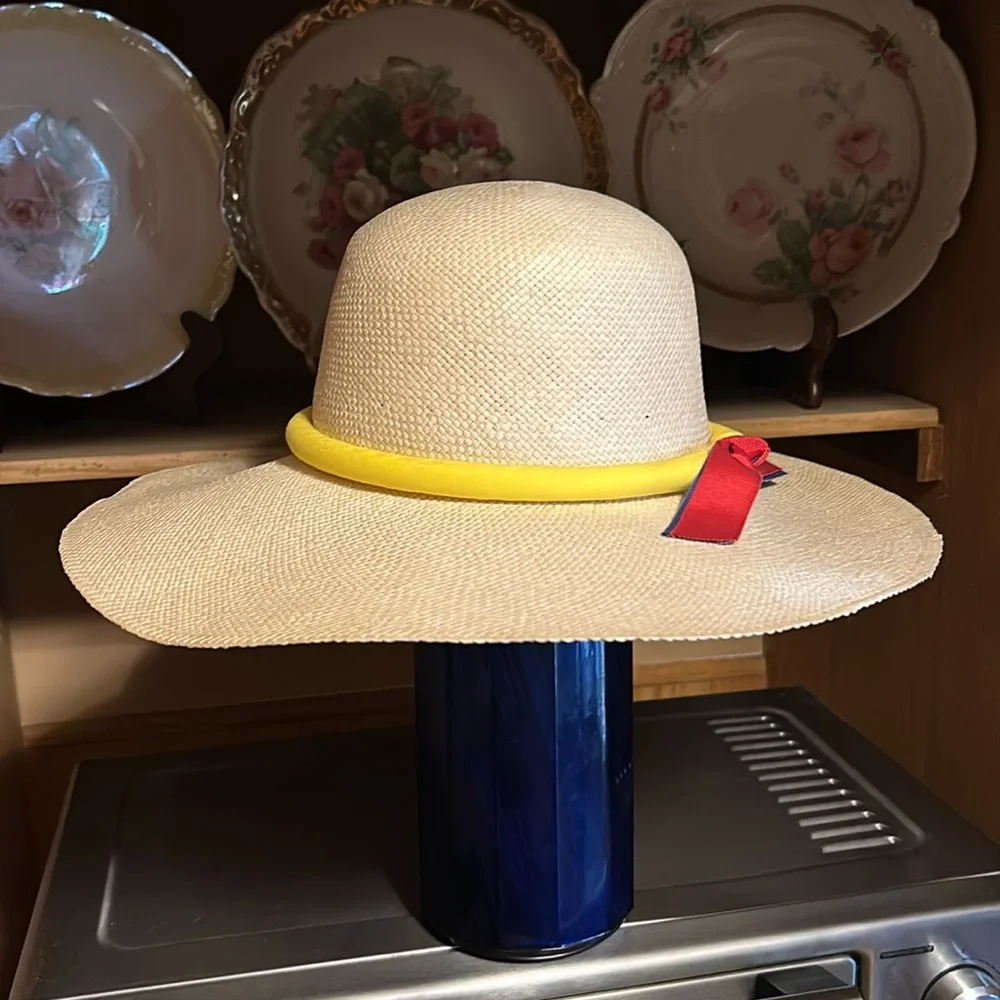 Women’s Beautiful Beach Basket Weave wide rim Hat with yellow ribbon on rim - Picture 1 of 6